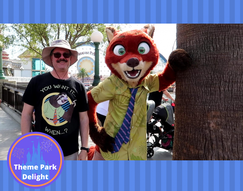 Mike meeting the Nick Wilde character from Zootopia at Disney California Adventure